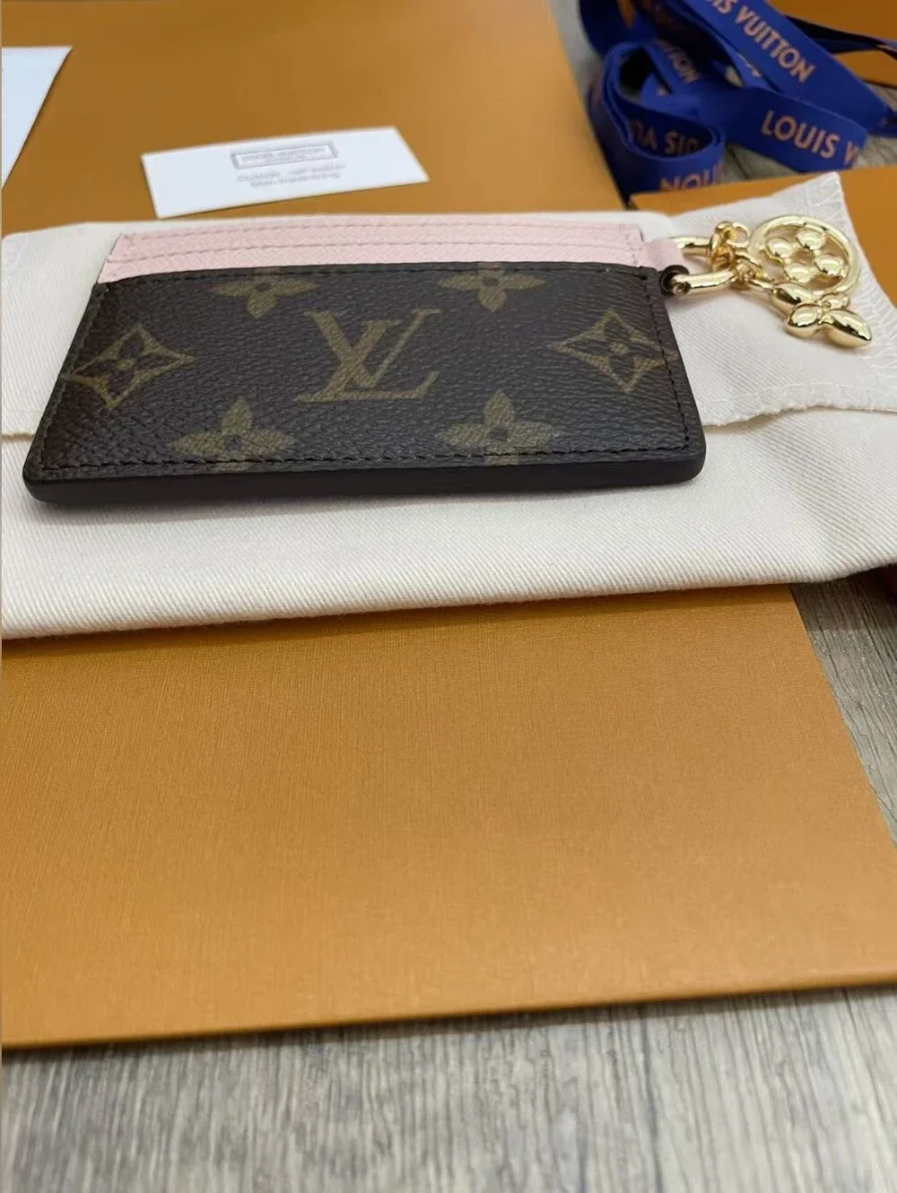 Louis Vuitton Monogram Card Holder with Pink Trim and Gold Charm Keyring